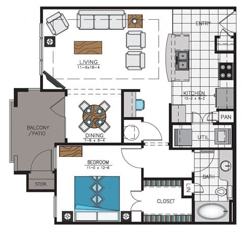Floor plan for 1 bed, 1 bath, 783 sqft